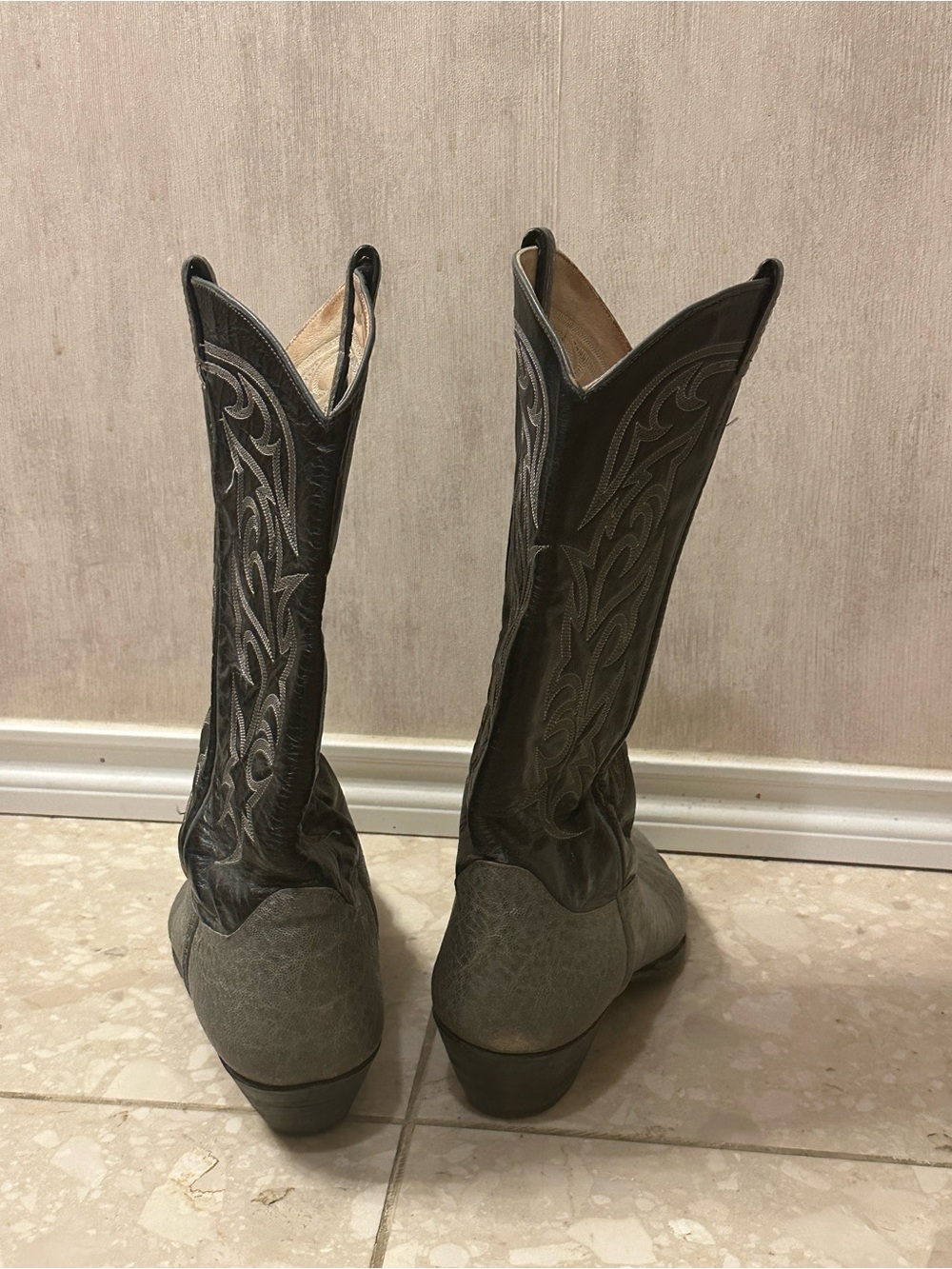 Larry Mahan Gray Elephant Foot with Black Leather Embroidered Shaft Cowboy Boots - Picture 9 of 16